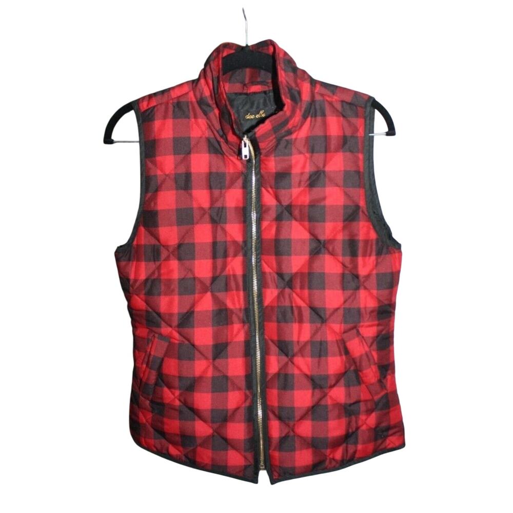 Dee Elle Women's Small Plaid Puffer Vest with pockets Zip Up Red/Black Outerwear